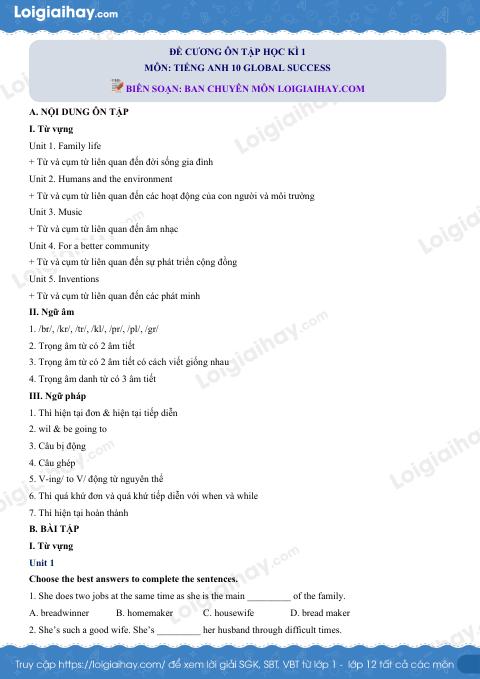 Đề cương ôn tập HK1 tiếng Anh 10 global success có đáp án
